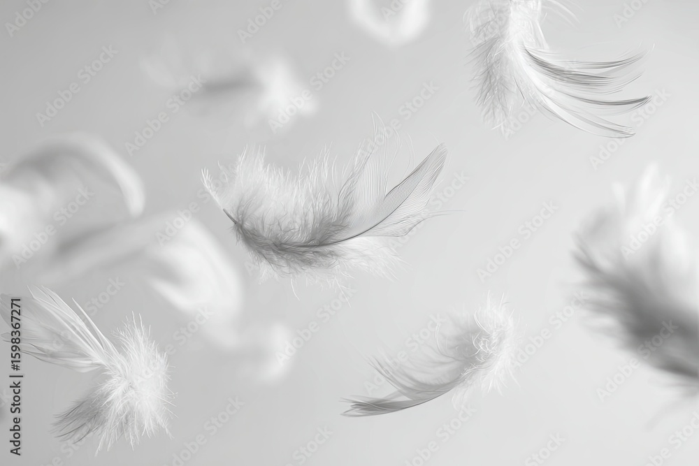 Obraz premium White Feathers Floating In Air On Light Grey Background