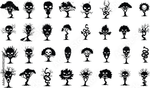 Haunted Tree Silhouette Vector Set with Evil Faces and Skulls for Halloween Design .