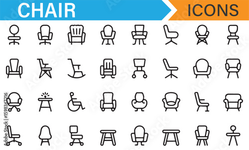 Icons for adjustable, ergonomic, and modern chairs in various styles