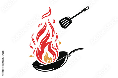A stylized silhouette of a frying pan with flames erupting from it and a spatula above isolated on white background