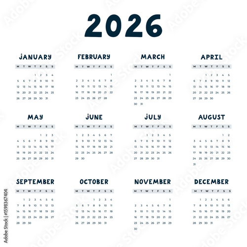 Lovely minimal calendar template for 2026 year with weeks starts on Monday. Black and white calendar grid with funky hand drawn font for child nursery, company, office. Square monthly calender layout