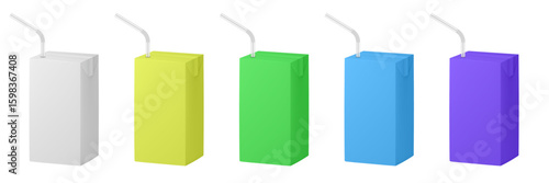 Set of juice or milk cardboard package with straw. Vector mockup set. Yellow, white, green, blue and purple boxes for dairy products. Banana, strawberry, caramel or chocolate milkshake