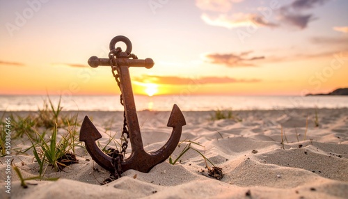 Una antigua ancla de hierro oxidado, parcialmente enterrada en la arena de una playa solitaria al atardecer