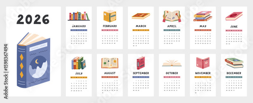 Lovely calendar template for 2026 year with reading, books, library cartoon clipart. Calendar grid with weeks starts on Monday. Vertical monthly calender layout with academic textbook, detective.