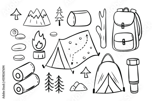 Camping essentials: A collection of hand-drawn camping icons. This charming illustration showcases the key elements needed for an outdoor adventure, including a tent, backpack, campfire.