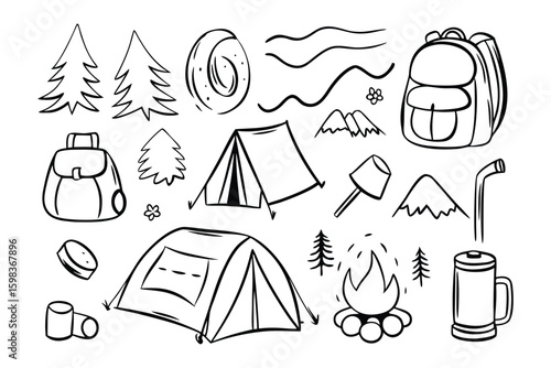 Camping essentials Illustration:  An illustrated set of essential camping items including a tent, backpack, fire, tree, mountain, and mug, perfect for outdoor recreation and nature lovers.