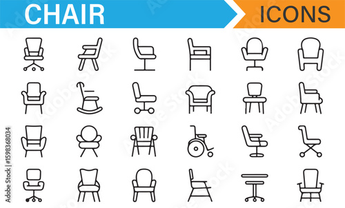 Complete set of chair icons for furniture, design, and decor applications