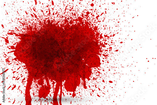Realistic red blood splatter on white background, featuring chaotic droplets and stains. Perfect for horror, crime scenes, Halloween, or dramatic visual effects.