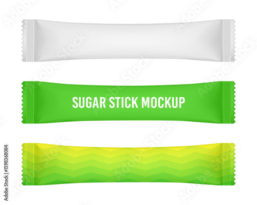 Sugar stick. White and green blank sugar sachet packaging, stick pack. 3d mockup. Paper pouch. Disposable packaging for salt, sugar and spices. Foil bag. Cane sugar