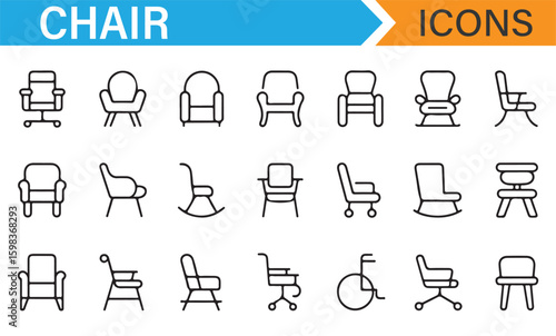 Chair symbols for office furniture, ergonomic designs, and home use