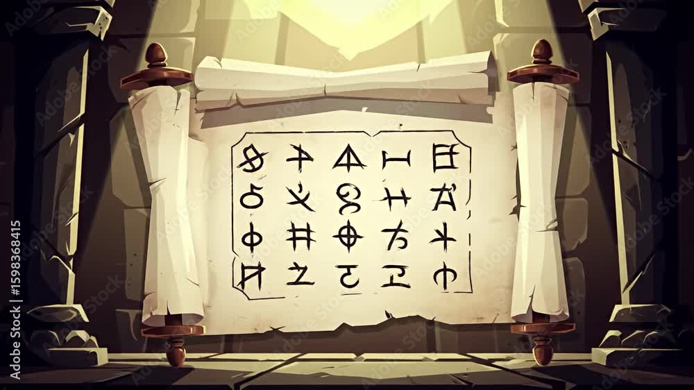 Cryptic Scroll Illuminated ancient scroll, displaying cryptic symbols, stands in a ...