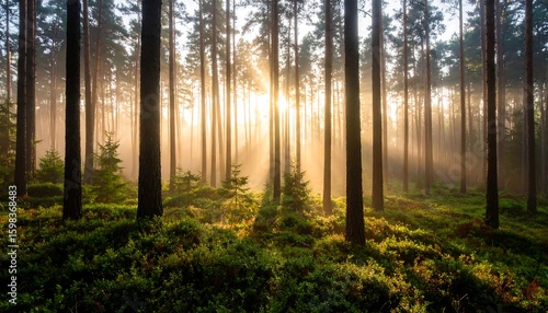 Fototapeta Naklejka Na Ścianę i Meble -  Golden sunlight streams through misty forest (1)