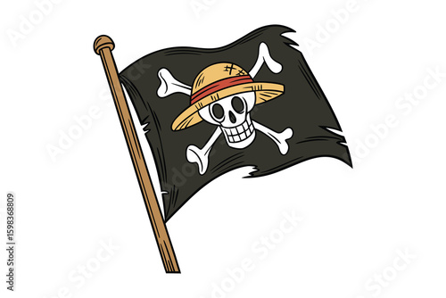 Iconic pirate flag with skull and crossbones wearing a straw hat silhouette isolated on white background