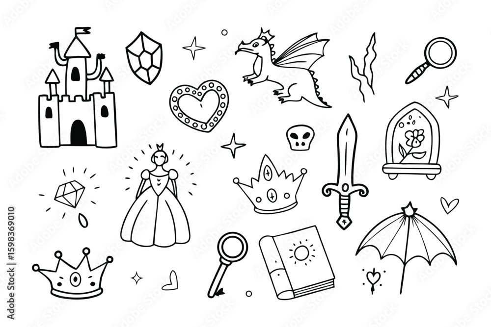 Obraz premium Enchanted Doodle Realm: A whimsical assortment of fairytale elements, sketched with playful lines, brings to life a world of magic and wonder.