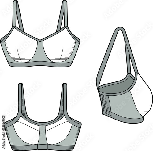 CAD drawing flat vector illustration of women's bra design, front back side views, lingerie fashion technical garment apparel sketch