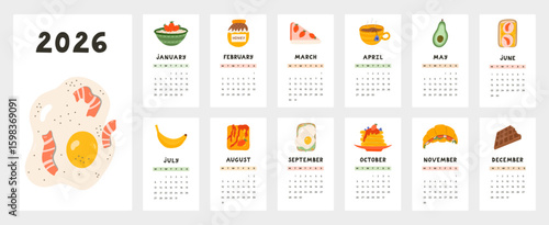 Lovely calendar template for 2026 year with breakfast, dinner, lunch cartoon clipart. Calendar grid with weeks starts on Monday for nursery, restaurant. Vertical monthly calender layout for schedule.