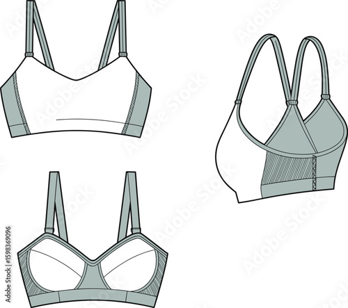 CAD drawing flat vector illustration of sports bra design, front, back, side views, fashion sketch, lingerie blueprint, technical garment