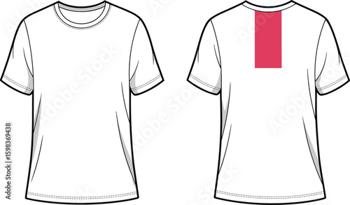 Plain white t-shirt fashion flat sketch, front and back vector illustration with label, blank apparel CAD drawing clothing template