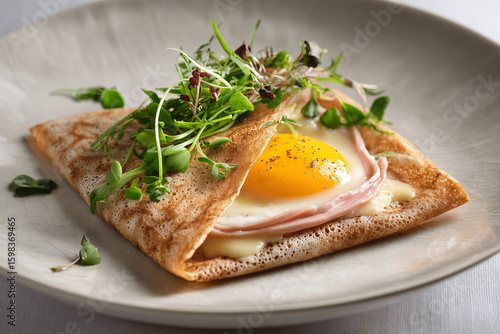 Elegant galette bretonne buckwheat crepe with ham, cheese, egg in Brittany