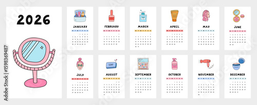 Lovely calendar template for 2026 year with beauty and skincare cosmetic cartoon doodle. Calendar grid with weeks start on Monday for kids nursery, corporate office. Vertical monthly calender layout