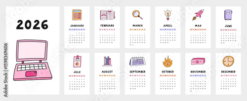 Lovely calendar template for 2026 year with business, finance, work cartoon clipart. Calendar grid with weeks start on Monday for home, corporate office. Vertical monthly calender layout for planning.