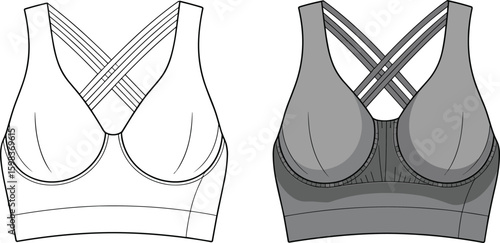Sports bra fashion sketch, technical flat drawing, crisscross strap design, front back view, CAD apparel illustration, vector template