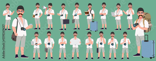 Traveler character model sheet, Character poses, expressions, Walk cycle, Run cycle animated character sequences.