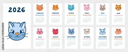 Lovely calendar template for 2026 year with funny kitten faces cartoon doodle. Calendar grid with weeks starts on Monday for kids nursery, office. Vertical monthly calender layout with car emotions.