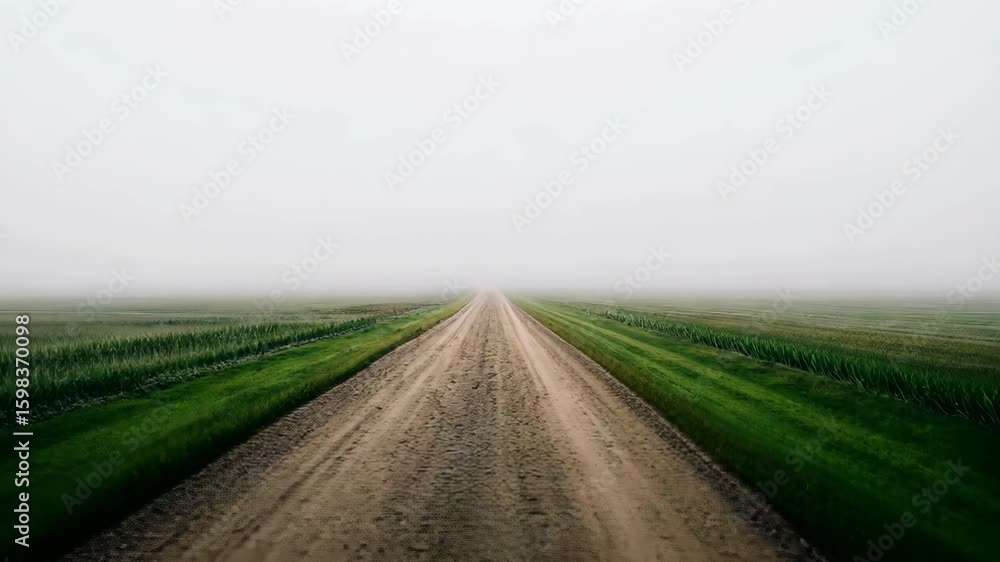 A tranquil dirt road leads through vibrant green fields, disappearing into a mystical fog at dawn A tranquil dirt road leads through vibrant green fields, disappearing into a mystical fog at dawn