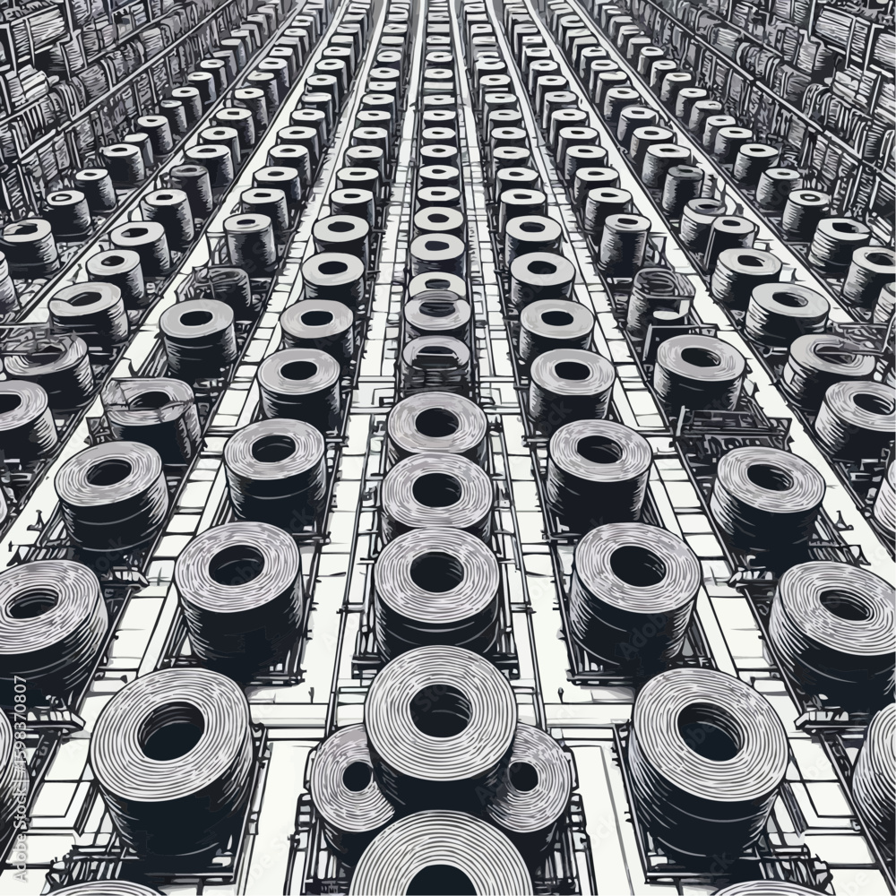 Abstract arrangement of metal rolls in a stacked pattern within an industrial setting
Abstract arrangement of metal rolls in a stacked pattern within an industrial setting