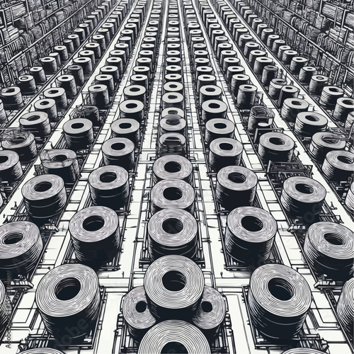 Abstract arrangement of metal rolls in a stacked pattern within an industrial setting
