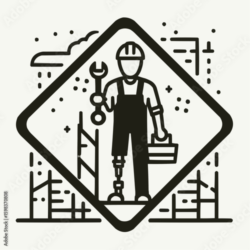 Disabled worker with prosthetic leg holding tools in a construction site warning graphic
