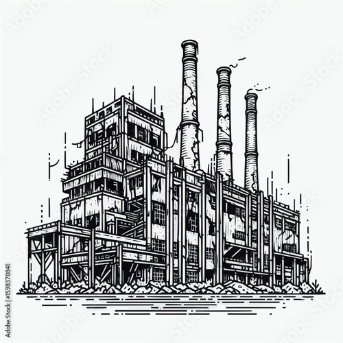 Abandoned industrial factory illustration with smokestacks and deteriorating structure
