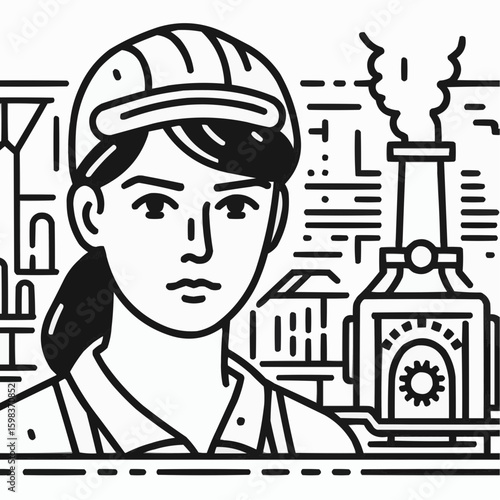 Industrial female worker with a cap standing in front of a furnace in a factory setting