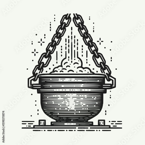 Melting pot suspended on chains with molten material in a detailed illustration style