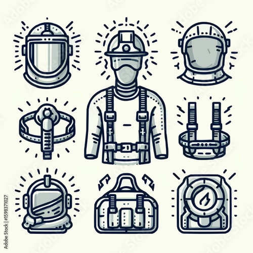 Metallurgist equipment icons including helmets and harnesses in a flat linear design
