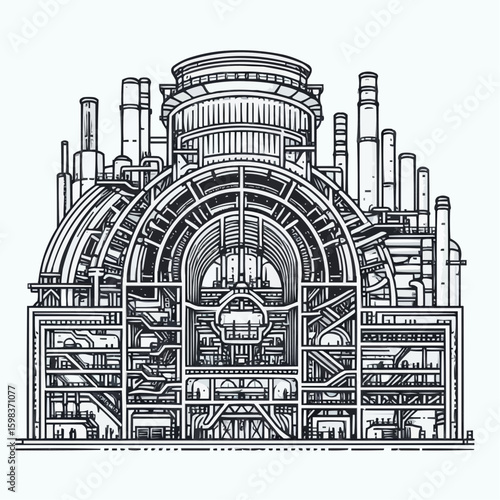 Blast furnace with intricate details in industrial design and cross-section illustration