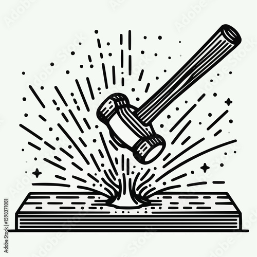 Large hammer striking molten droplet with sparks in dynamic illustration style
