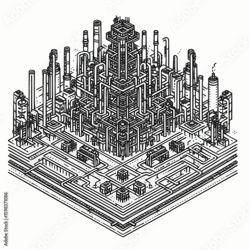 Model of a metallurgical plant with intricate industrial structures in detailed illustration style
