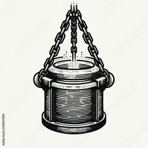 Industrial crucible hanging with chains in vintage engraving style illustration