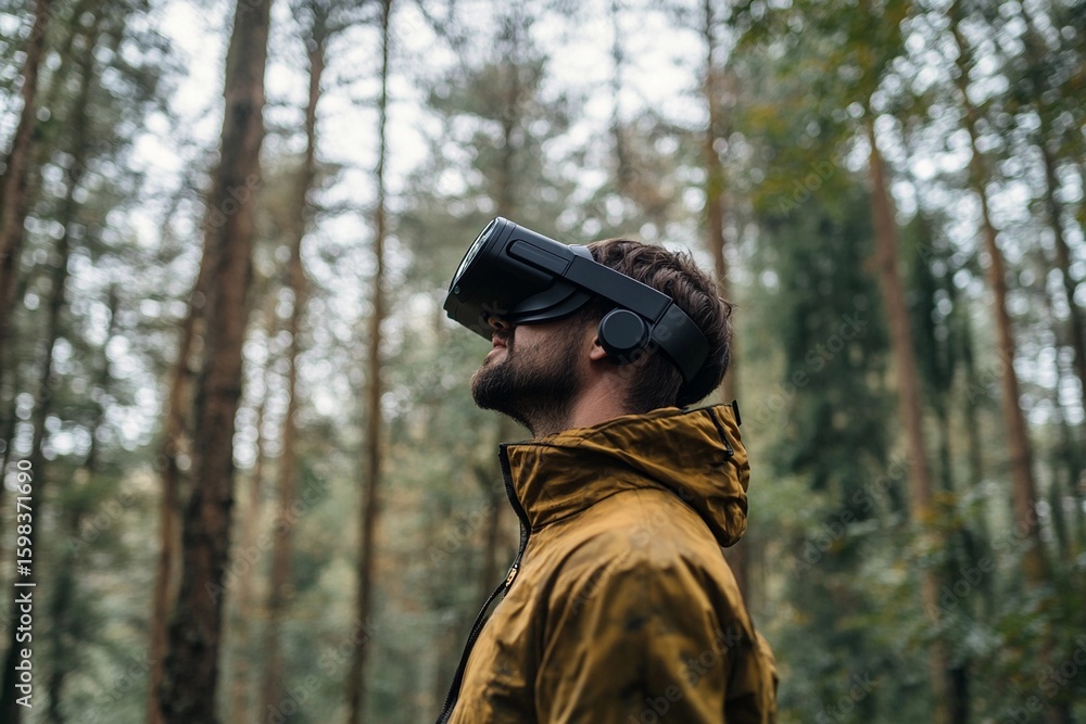 Obraz premium Man using virtual reality headset in a dense forest during a calm afternoon