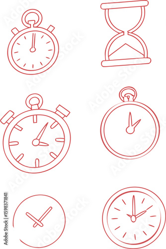 A comprehensive vector set of clock icons illustrating various timekeeping concepts like alarm, timer, and stopwatch designs