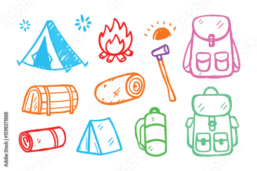 Camping Equipment Sketch: A vibrant sketch showcases essential camping gear, from a tent to a backpack, evoking a sense of adventure.