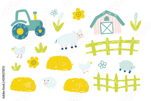 Farm life in a illustration: a lovely illustration of farm elements, the colorful scene creates a vivid memory of farm life.