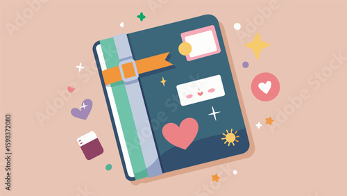 A journal adorned with stickers and washi tape personalized and cherished like a dear friend.. Vector illustration