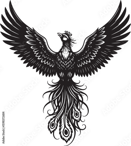 Majestic Black Phoenix with Outspread Wings Detailed Feather Design.