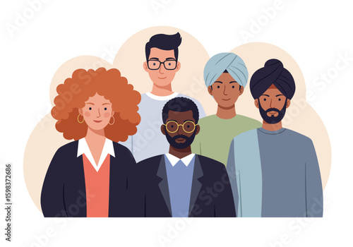 Diverse group of smiling people from different cultures standing together.
