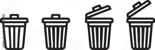 Simple line art icons of trash cans with open and closed lids