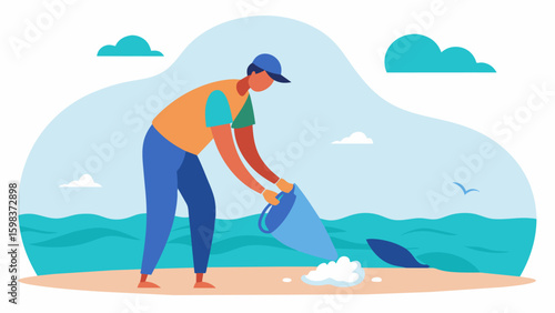 A drawing of a person picking up litter on the beach with a message encouraging others to do their part in keeping our oceans clean and healthy.. Vector illustration