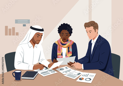 Three diverse business professionals, including a man in traditional Arab attire, collaborate on documents and charts at a table during a meeting.